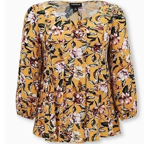 Torrid Golden Yellow Floral Crinkled Gauze Fit and Flare Top - Picture 1 of 5